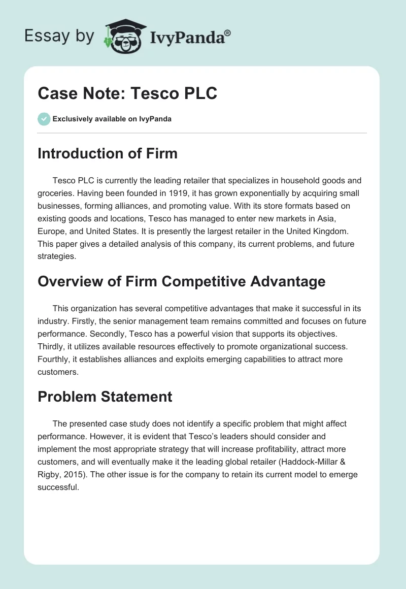 Case Note: Tesco PLC. Page 1