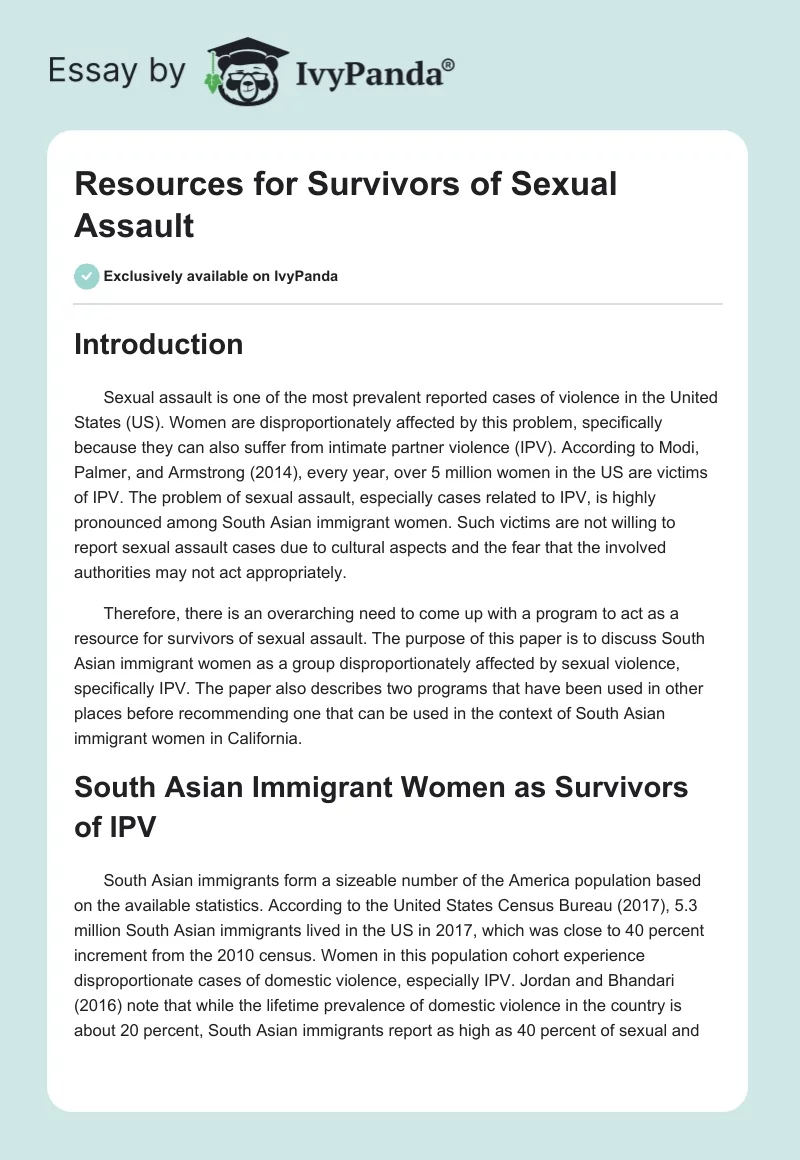 Resources For Survivors Of Sexual Assault 1392 Words Essay Example