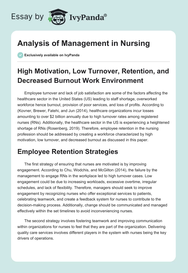 Analysis of Management in Nursing. Page 1