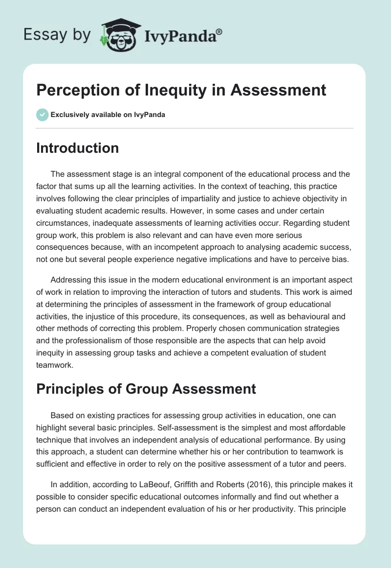 Perception of Inequity in Assessment. Page 1