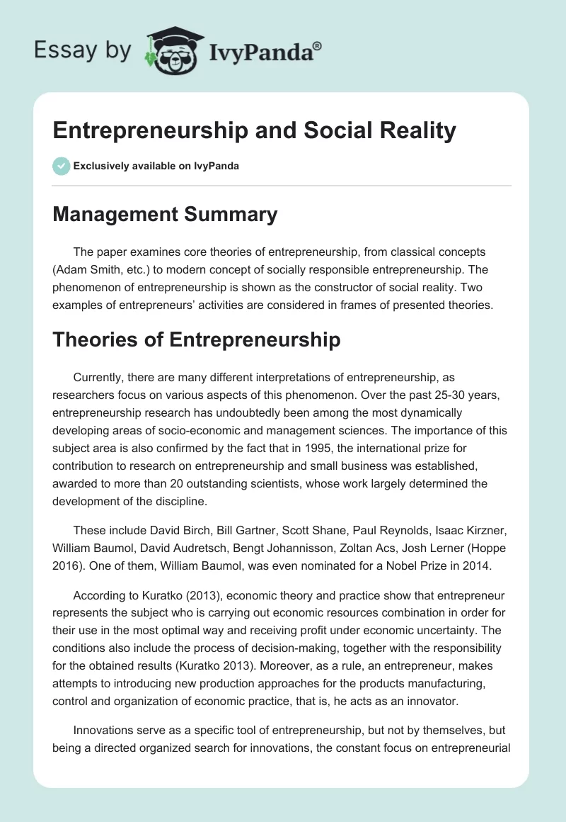 Entrepreneurship and Social Reality. Page 1