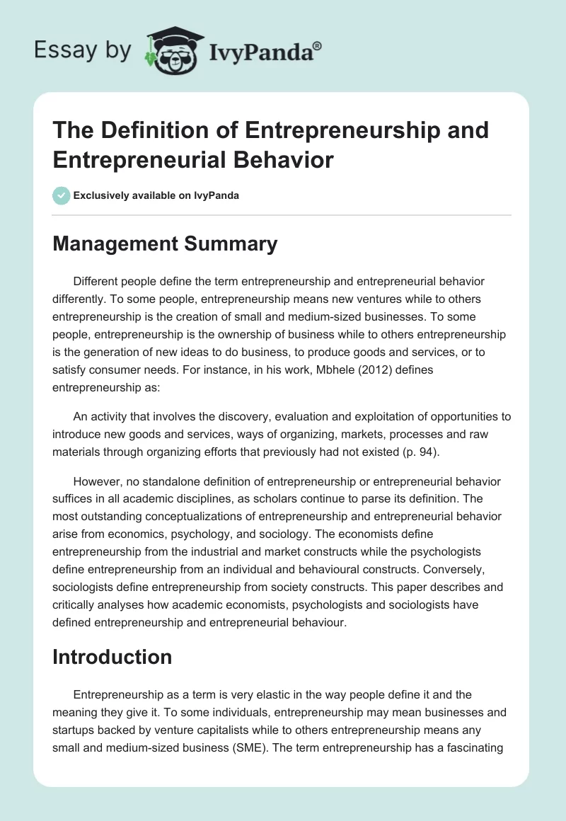 The Definition of Entrepreneurship and Entrepreneurial Behavior. Page 1