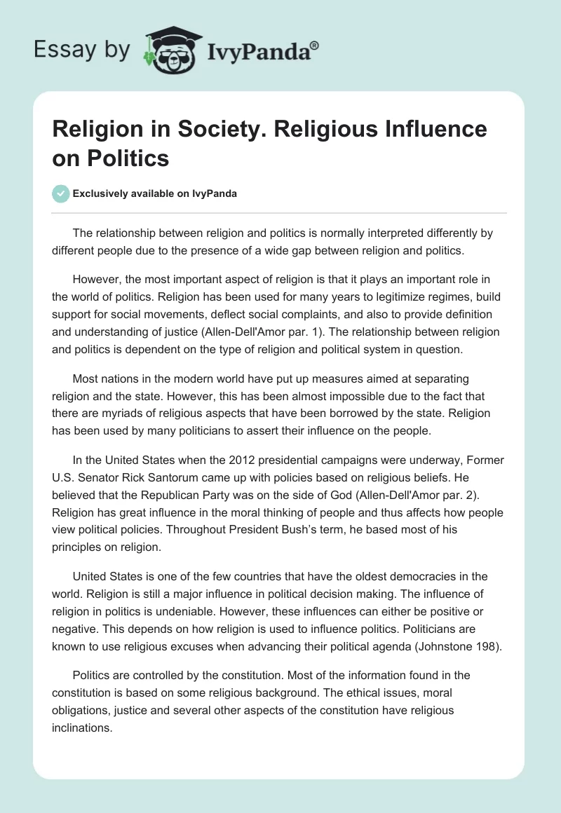 Religion in Society. Religious Influence on Politics. Page 1