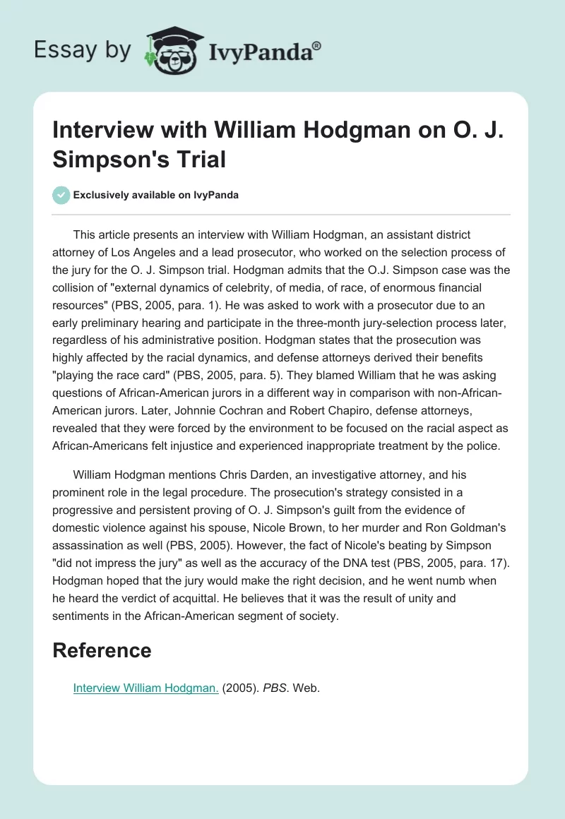 Interview with William Hodgman on O. J. Simpson's Trial. Page 1