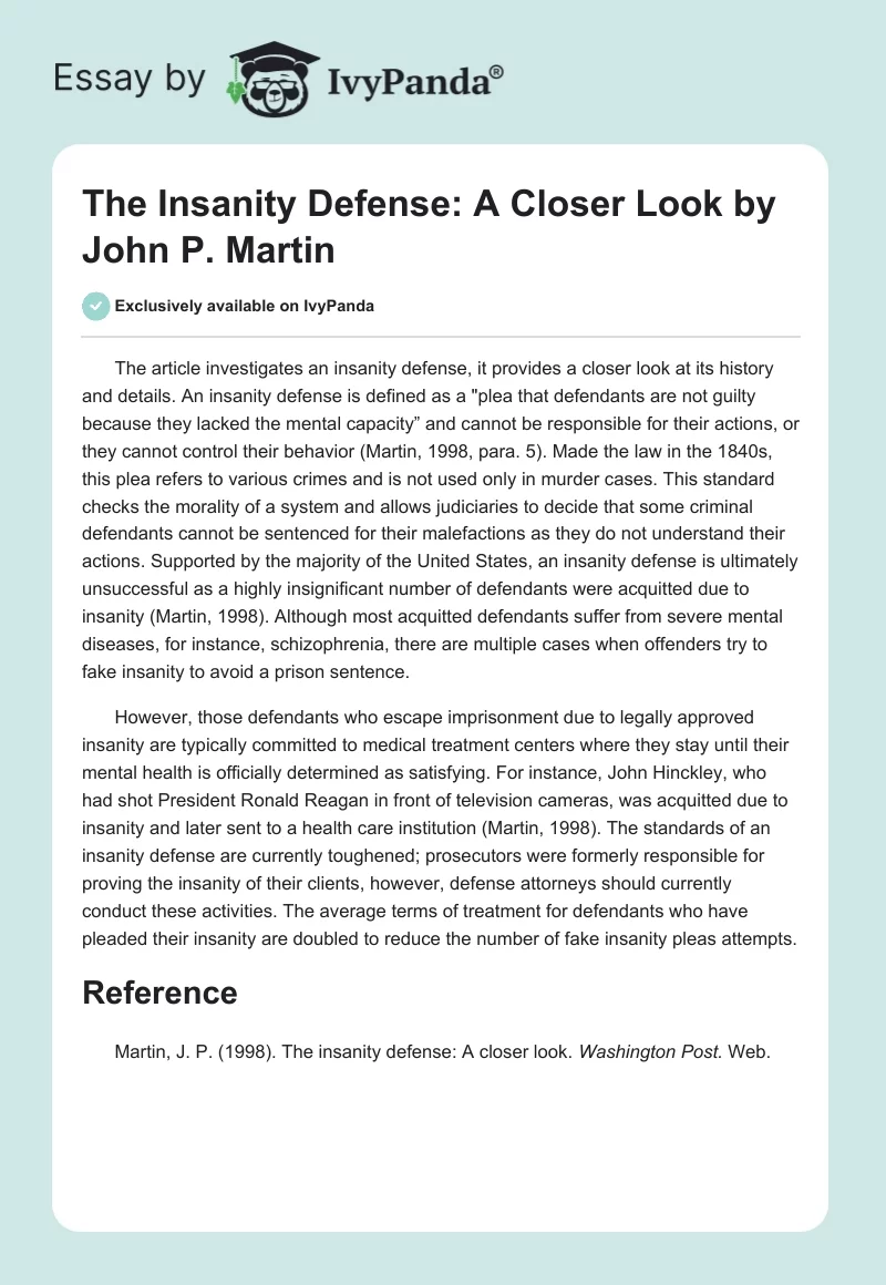 "The Insanity Defense: A Closer Look" by John P. Martin. Page 1