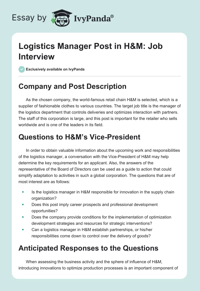 Logistics Manager Post in H&M: Job Interview. Page 1