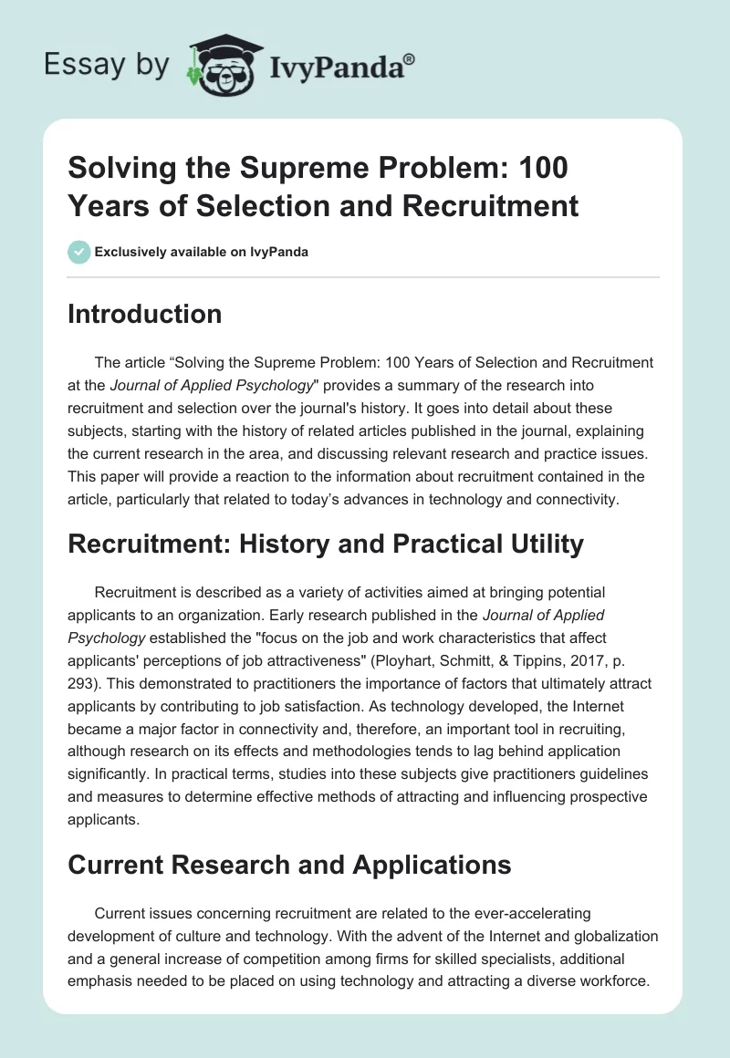 Solving the Supreme Problem: 100 Years of Selection and Recruitment. Page 1