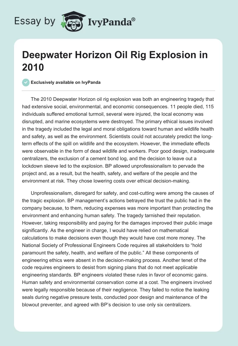 Deepwater Horizon Oil Rig Explosion in 2010. Page 1