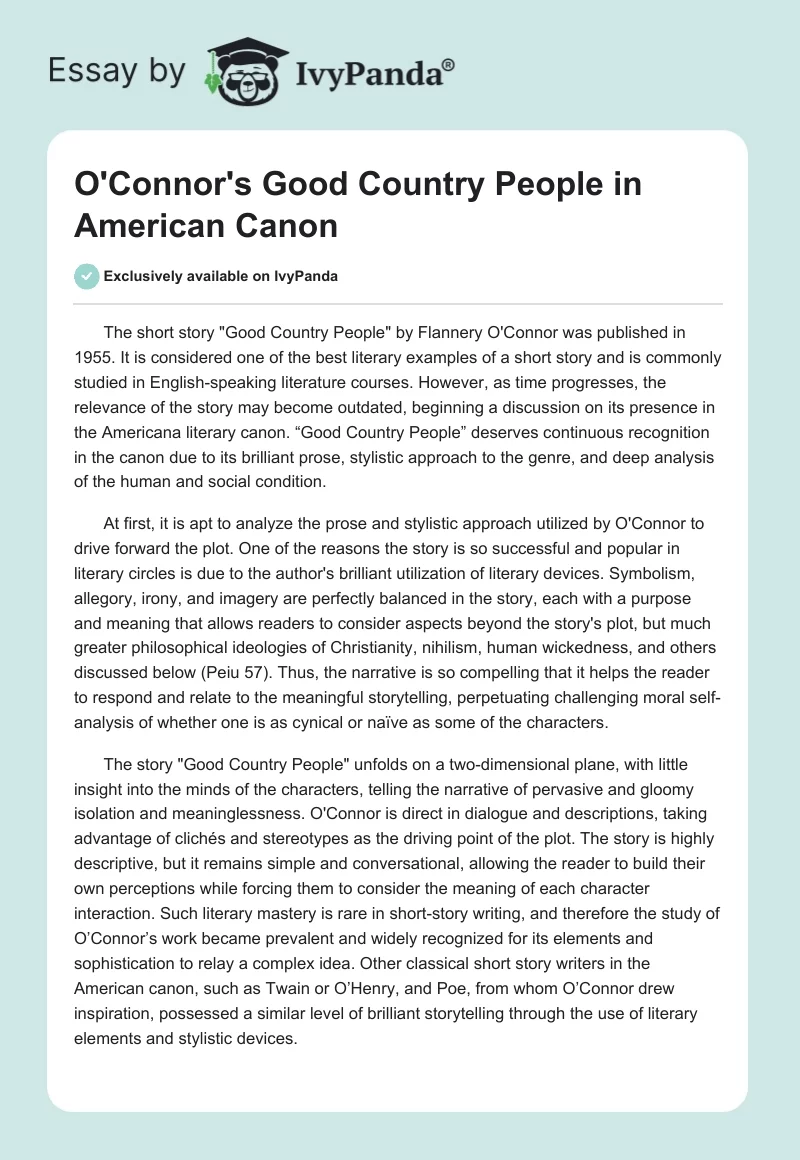 O'Connor's "Good Country People" in American Canon. Page 1