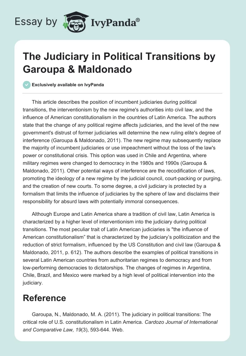 "The Judiciary in Political Transitions" by Garoupa & Maldonado. Page 1