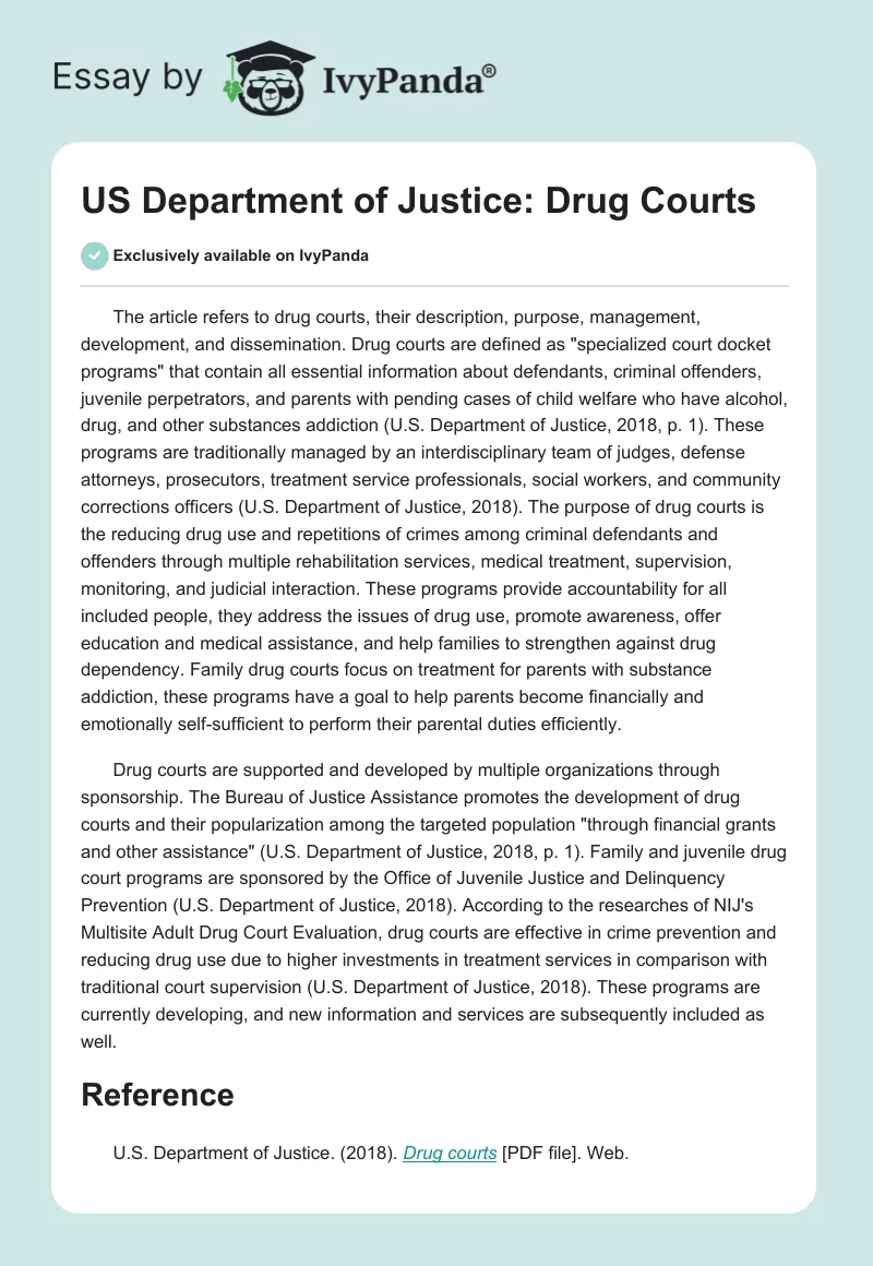 US Department of Justice: Drug Courts. Page 1