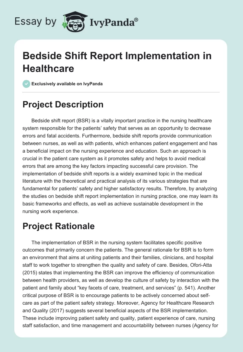 Bedside Shift Report Implementation in Healthcare. Page 1