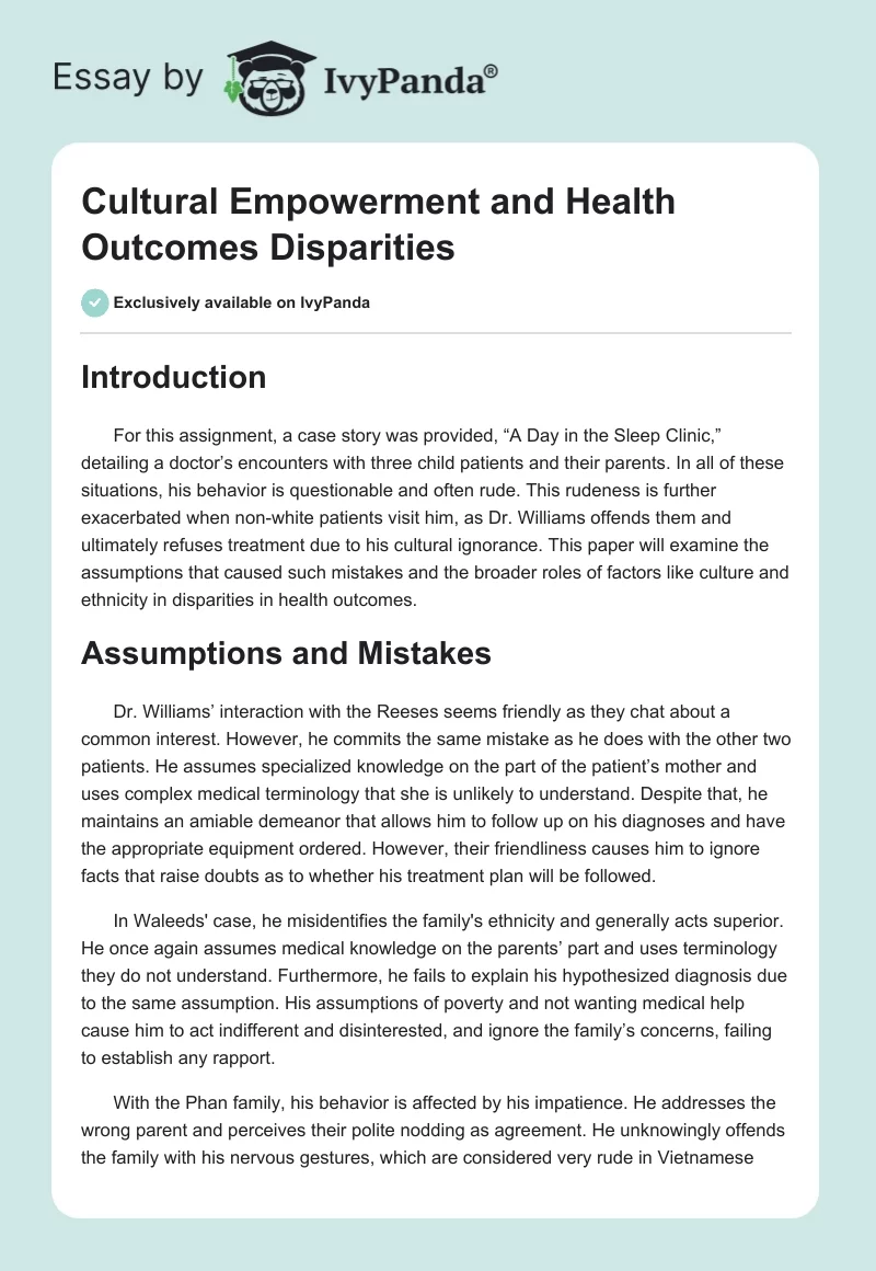 Cultural Empowerment and Health Outcomes Disparities. Page 1