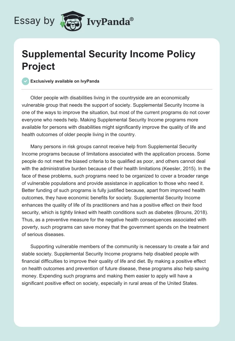 Supplemental Security Income Policy Project. Page 1