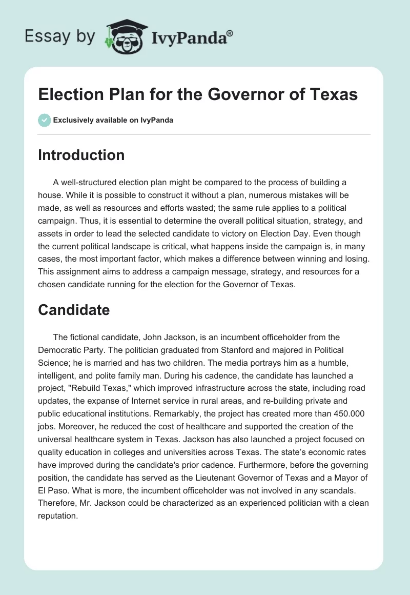 Election Plan for the Governor of Texas. Page 1