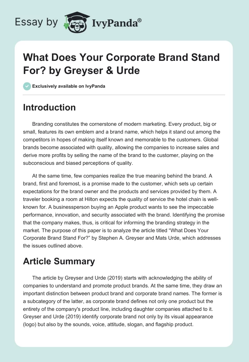 "What Does Your Corporate Brand Stand For?" by Greyser & Urde. Page 1