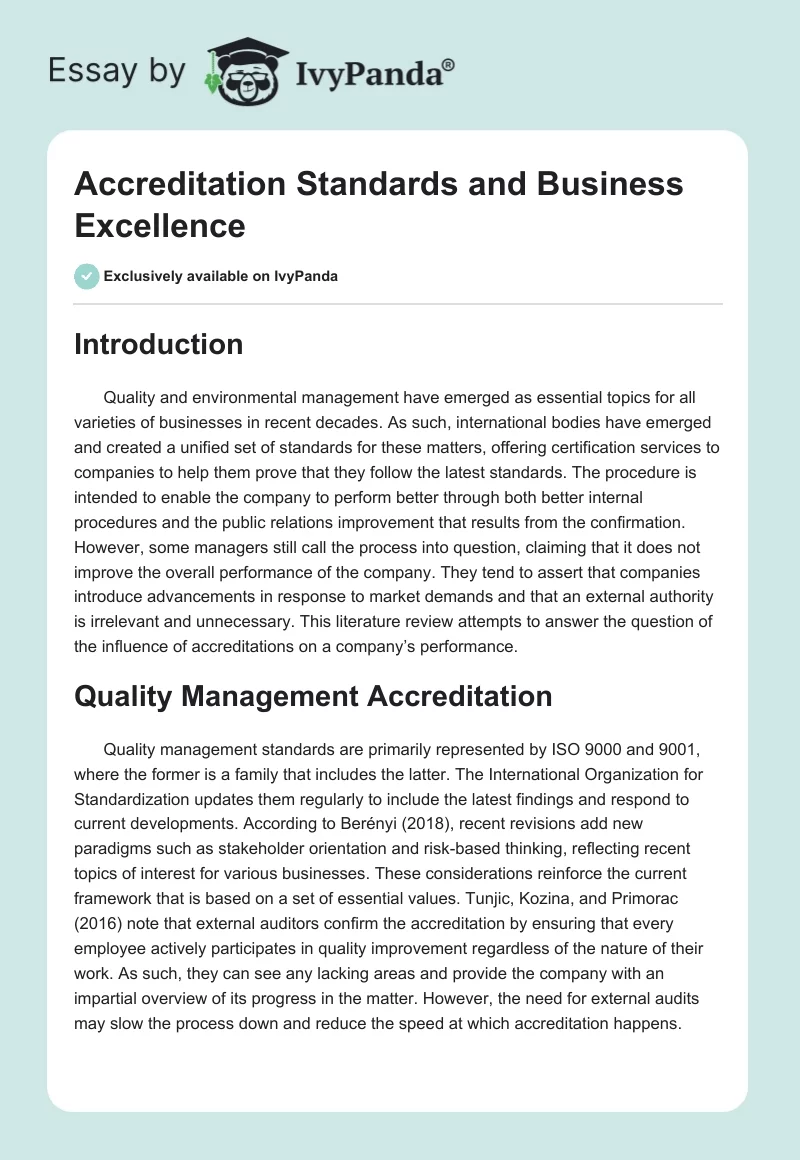 Accreditation Standards and Business Excellence. Page 1