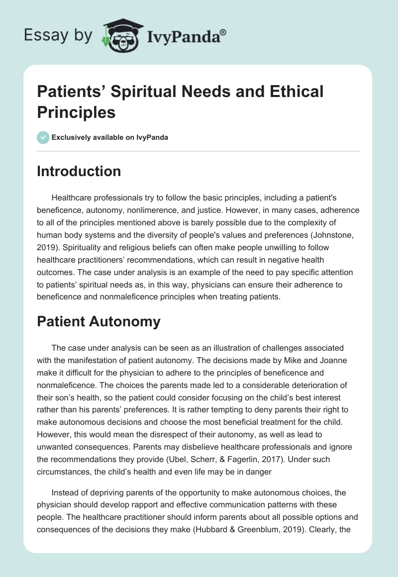 Patients’ Spiritual Needs and Ethical Principles. Page 1