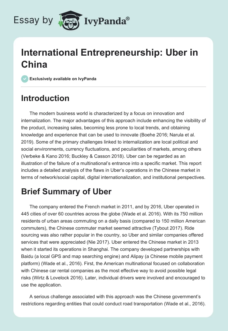 International Entrepreneurship: Uber in China. Page 1