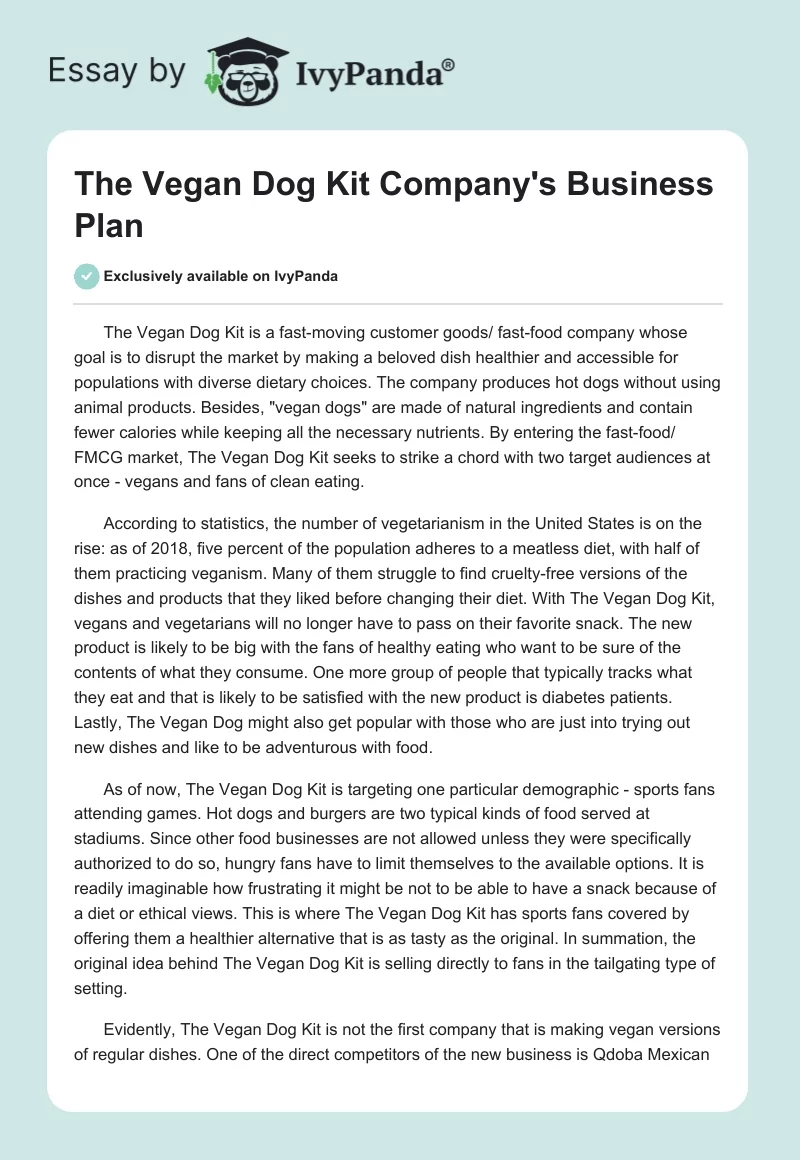 The Vegan Dog Kit Company's Business Plan. Page 1
