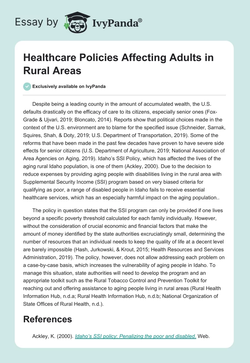 Healthcare Policies Affecting Adults in Rural Areas. Page 1