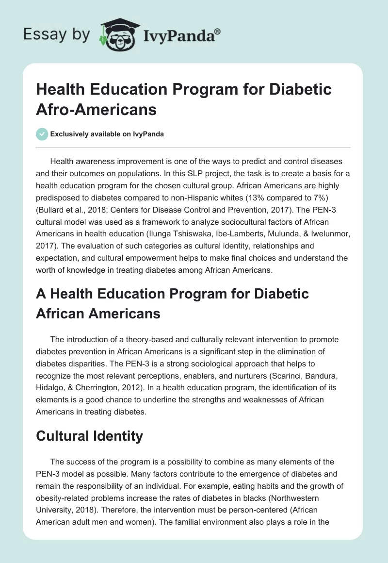 Health Education Program for Diabetic Afro-Americans. Page 1