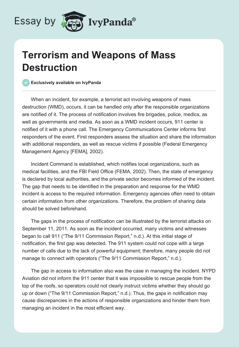 Terrorism and Weapons of Mass Destruction. Page 1