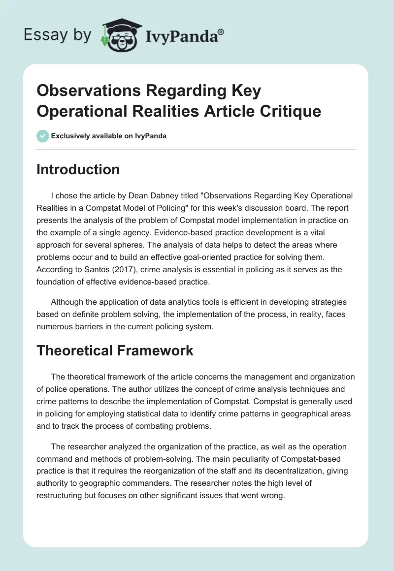 Observations Regarding Key Operational Realities Article Critique. Page 1