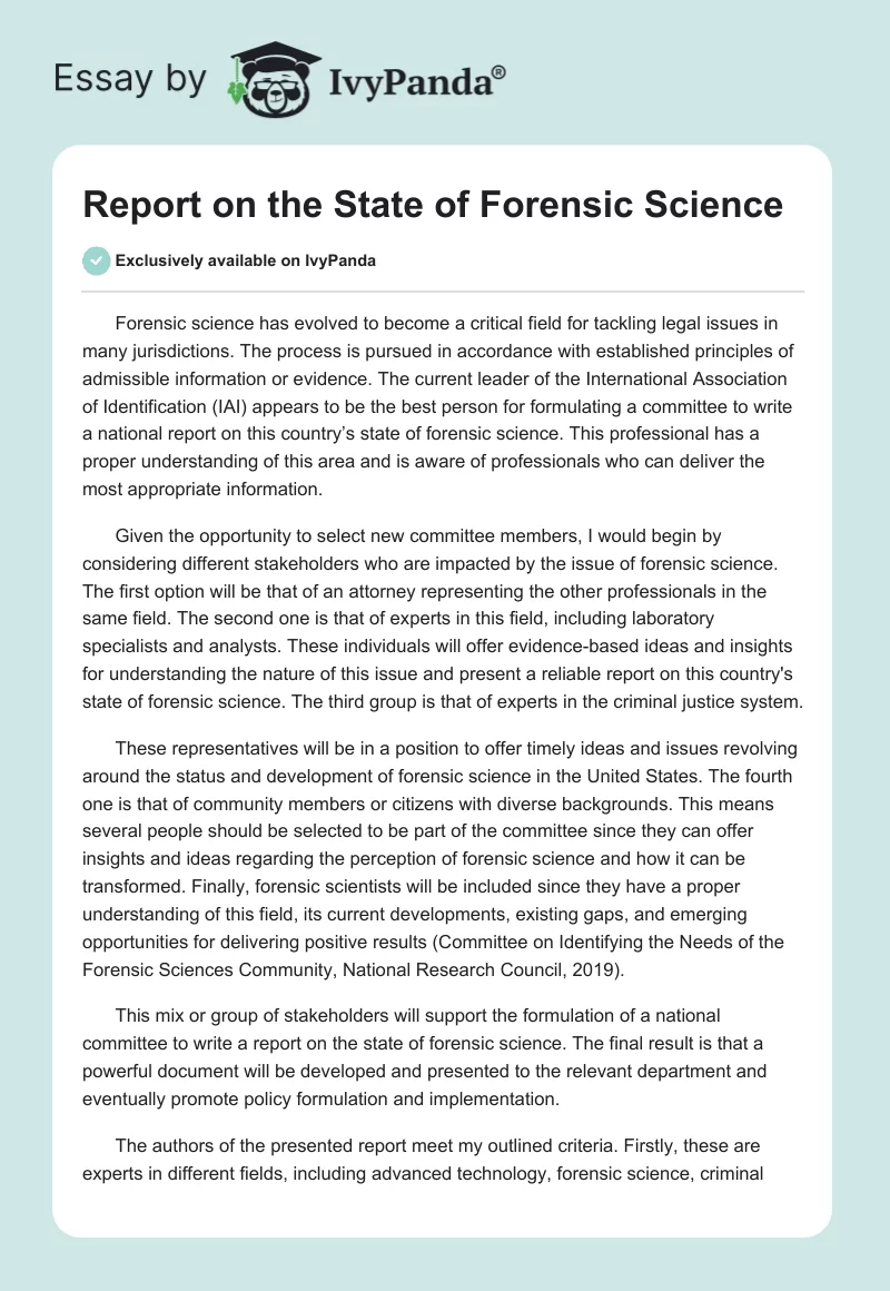 Report on the State of Forensic Science. Page 1