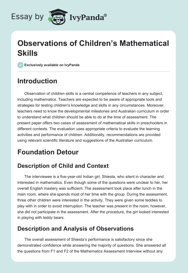 Observations of Children’s Mathematical Skills. Page 1
