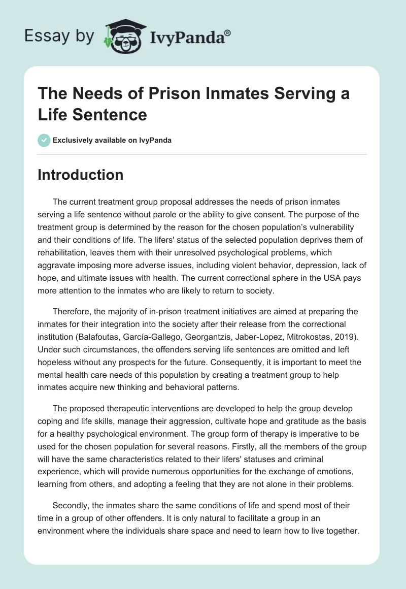 The Needs of Prison Inmates Serving a Life Sentence. Page 1