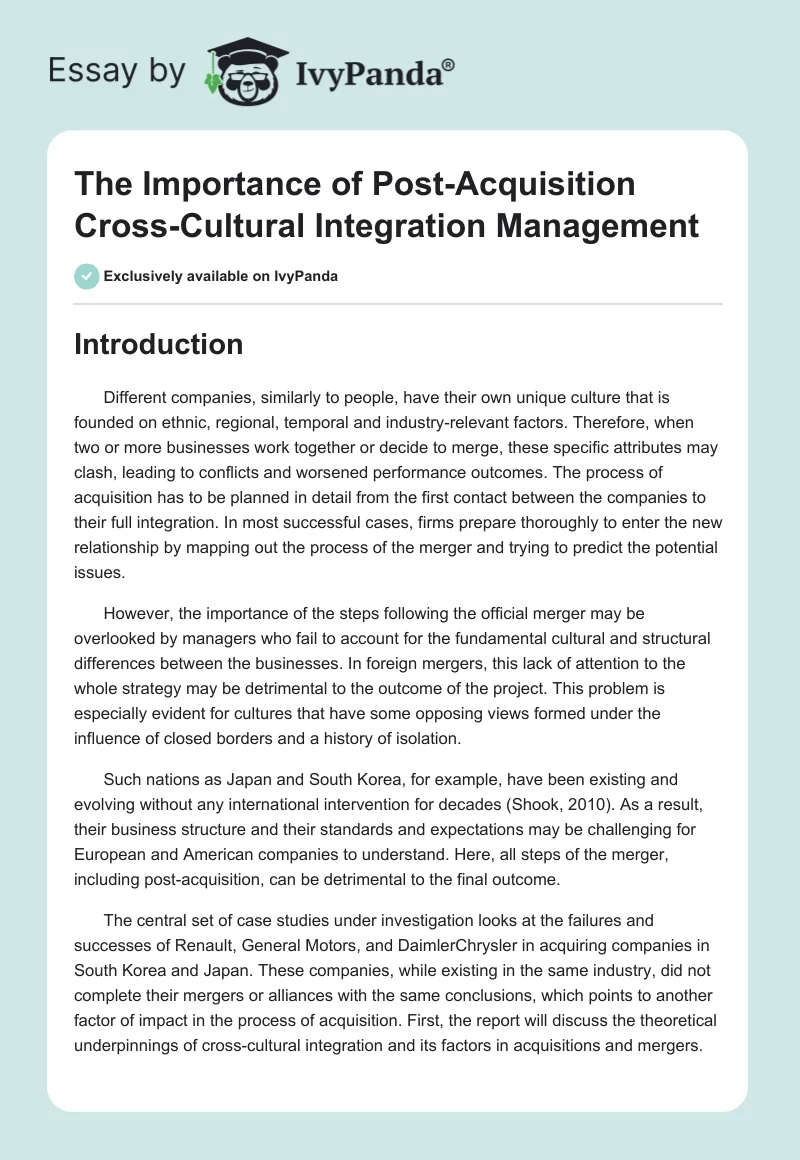 The Importance of Post-Acquisition Cross-Cultural Integration Management. Page 1