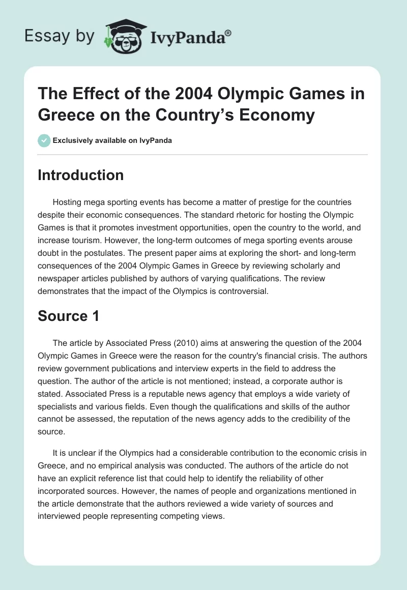 The Effect of the 2004 Olympic Games in Greece on the Country’s Economy. Page 1