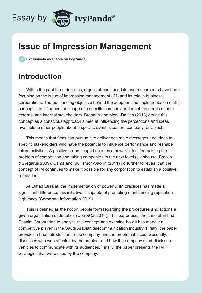 Issue of Impression Management. Page 1