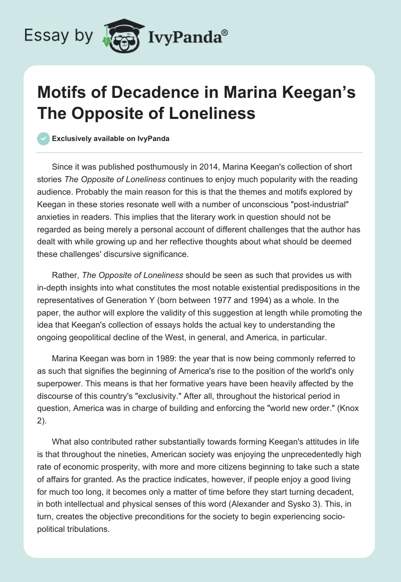 Motifs of Decadence in Marina Keegan’s The Opposite of Loneliness. Page 1