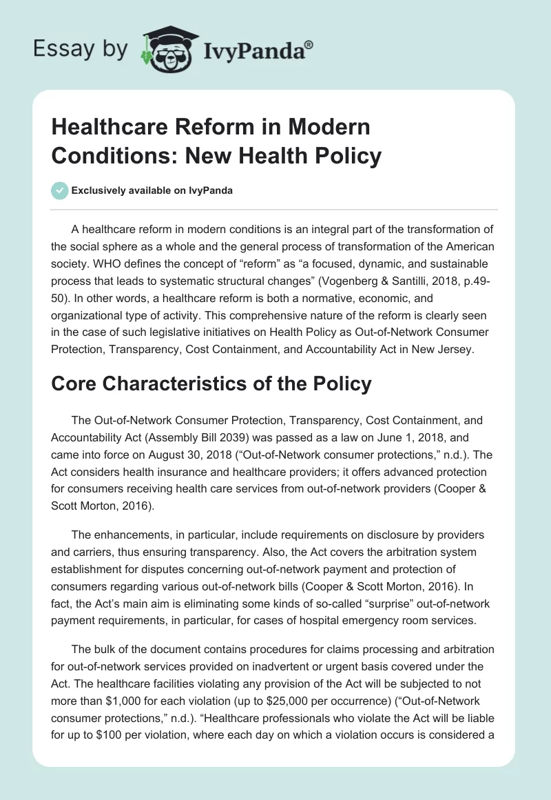 Healthcare Reform in Modern Conditions: New Health Policy. Page 1