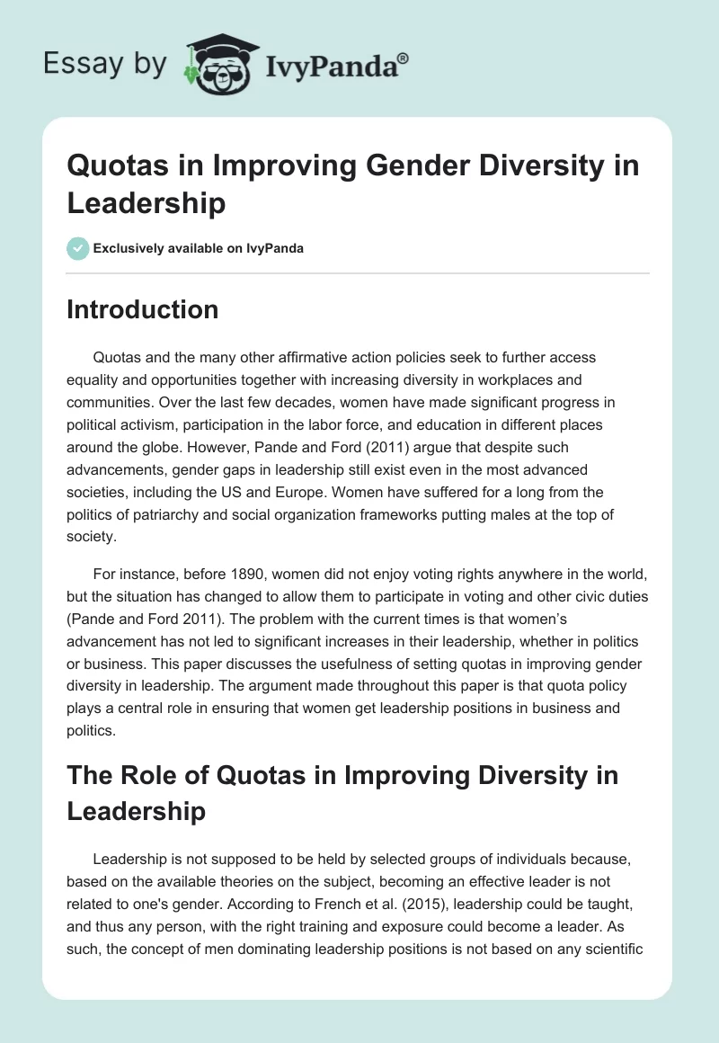 Quotas in Improving Gender Diversity in Leadership. Page 1