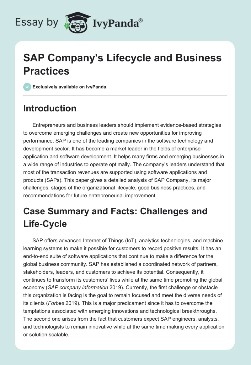 SAP Company's Lifecycle and Business Practices. Page 1