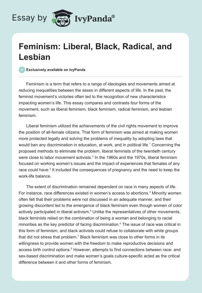Feminism: Liberal, Black, Radical, and Lesbian. Page 1
