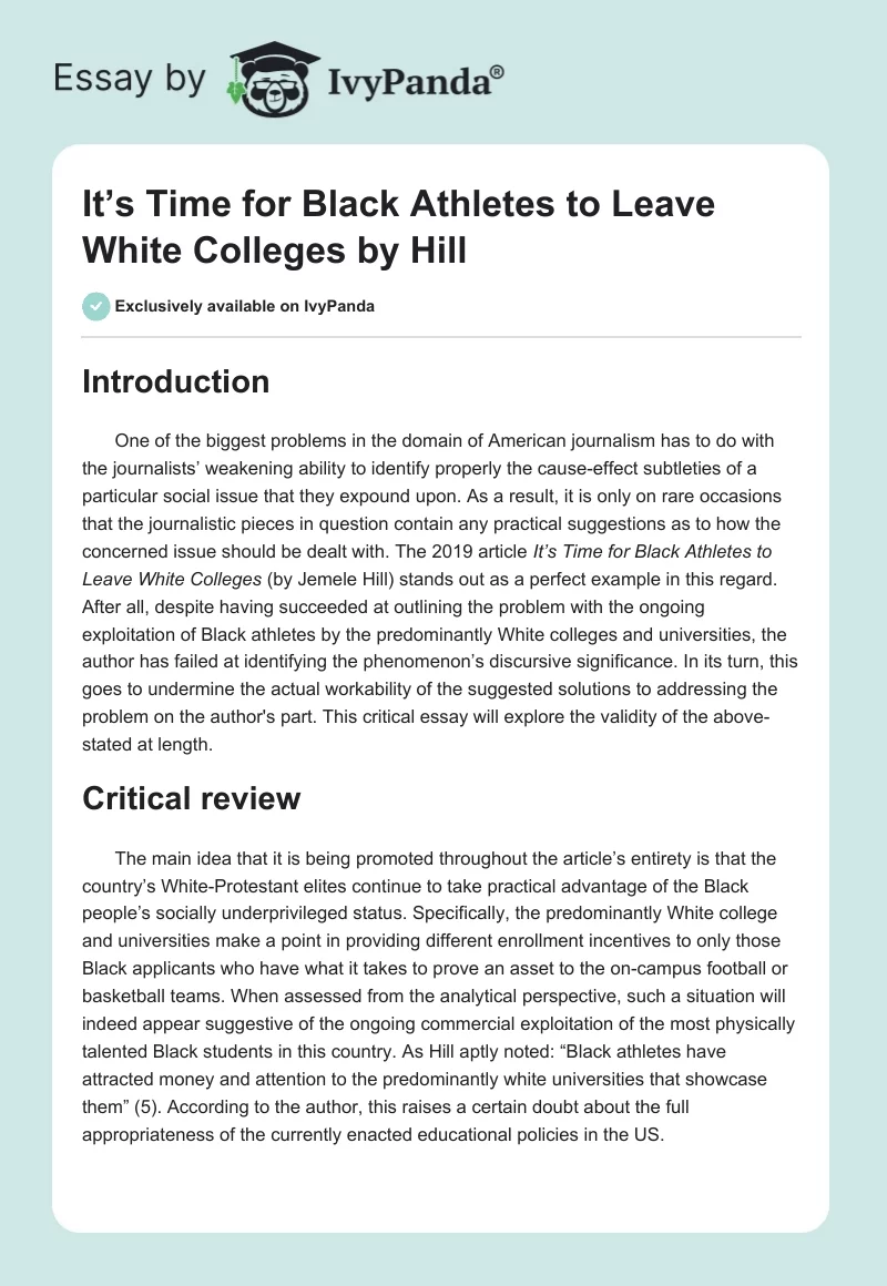 "It’s Time for Black Athletes to Leave White Colleges" by Hill. Page 1