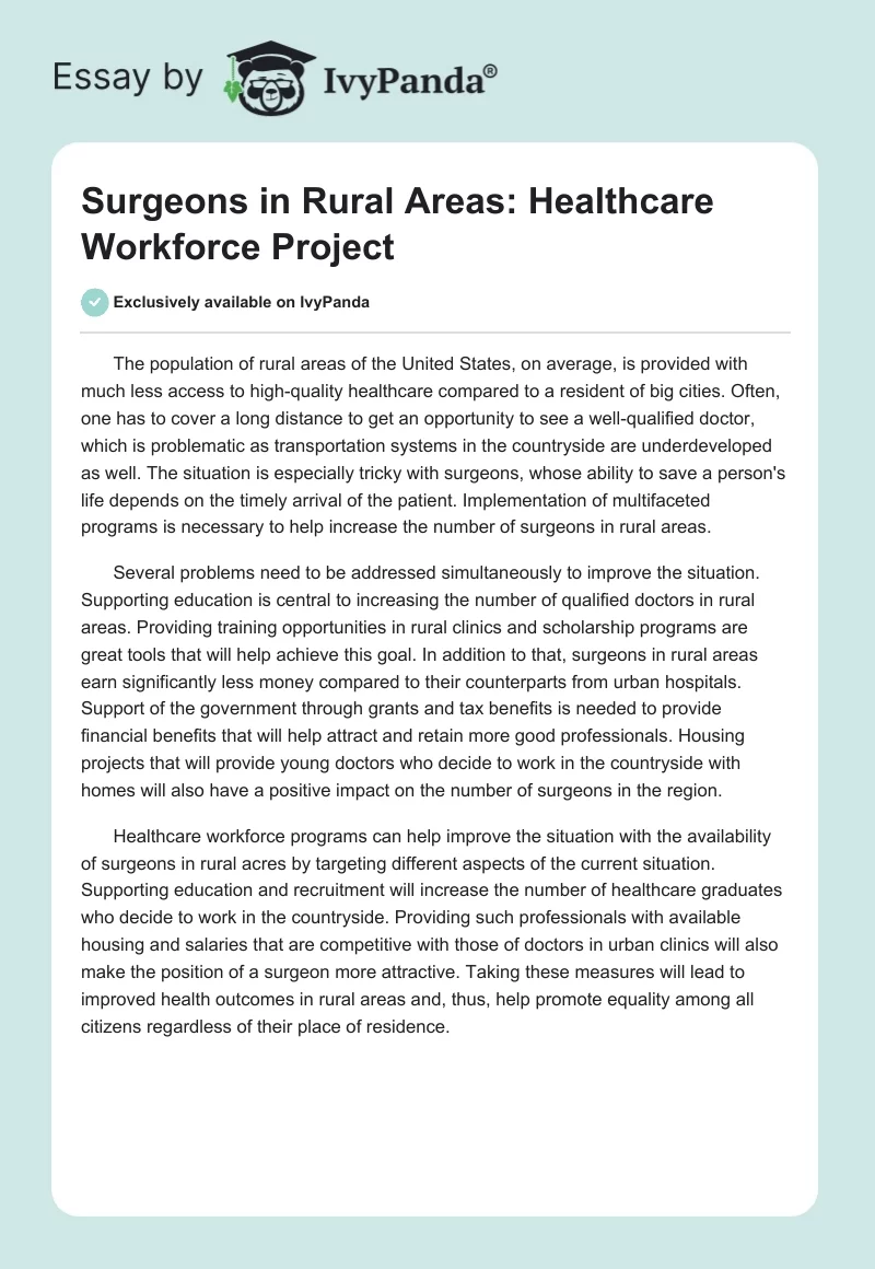 Surgeons in Rural Areas: Healthcare Workforce Project. Page 1
