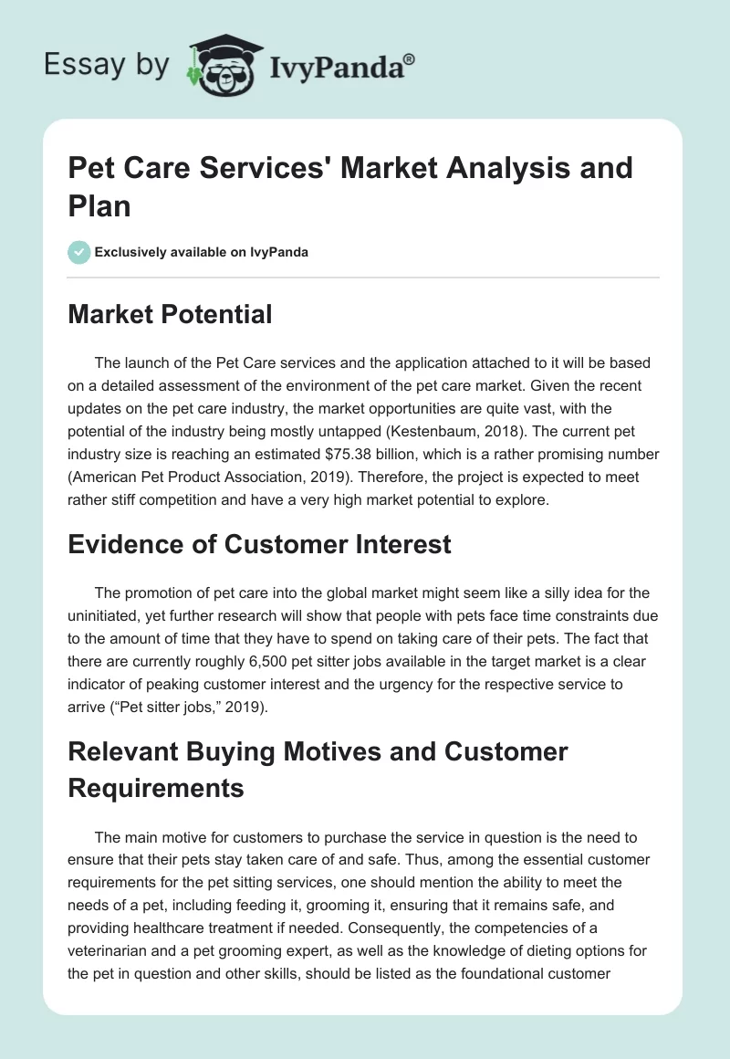Pet Care Services' Market Analysis and Plan. Page 1