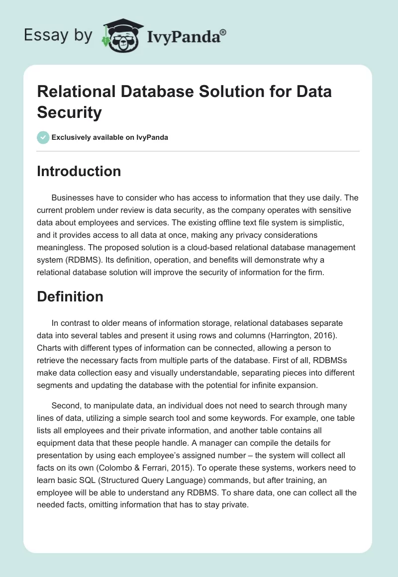 Relational Database Solution for Data Security. Page 1
