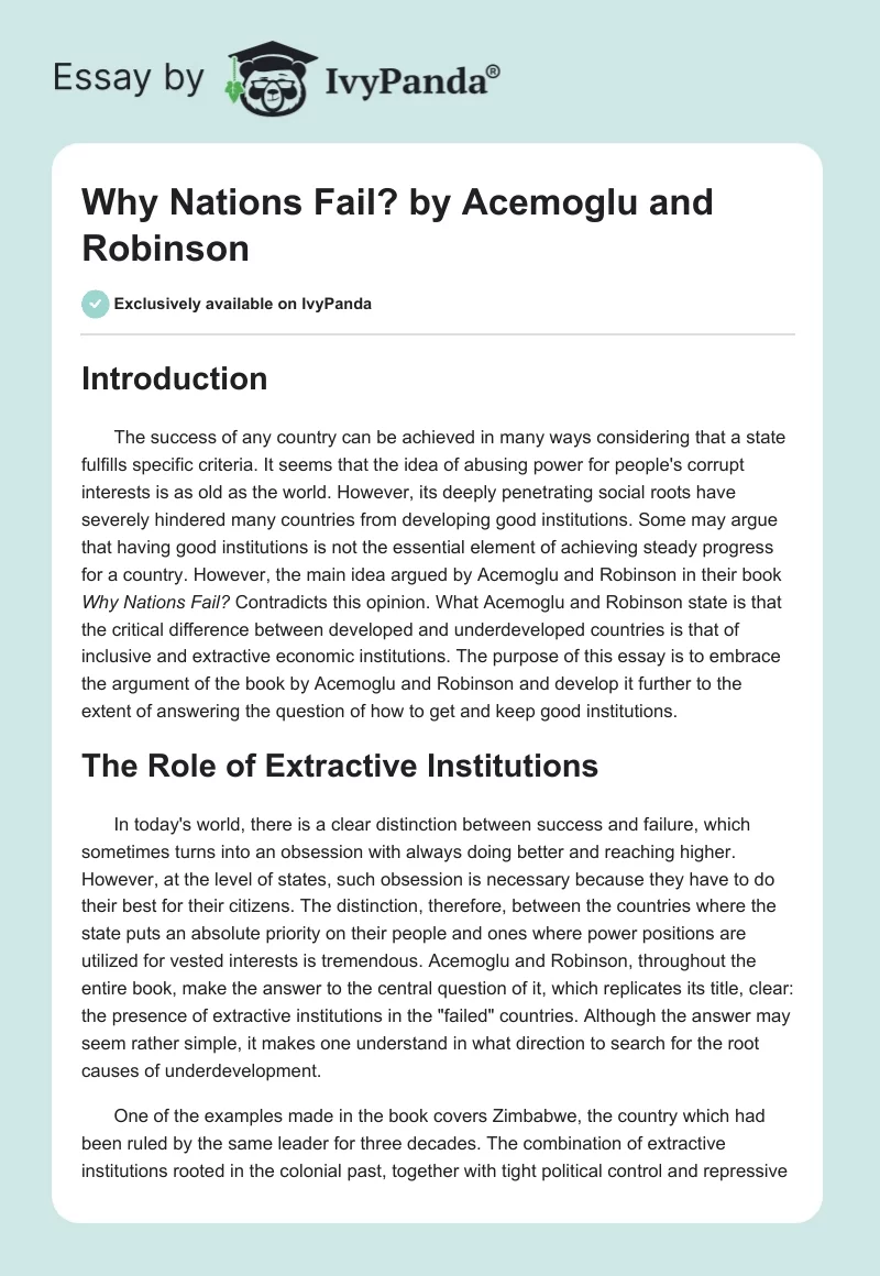 Why Nations Fail?" by Acemoglu and Robinson - 1776 Words | Essay Example