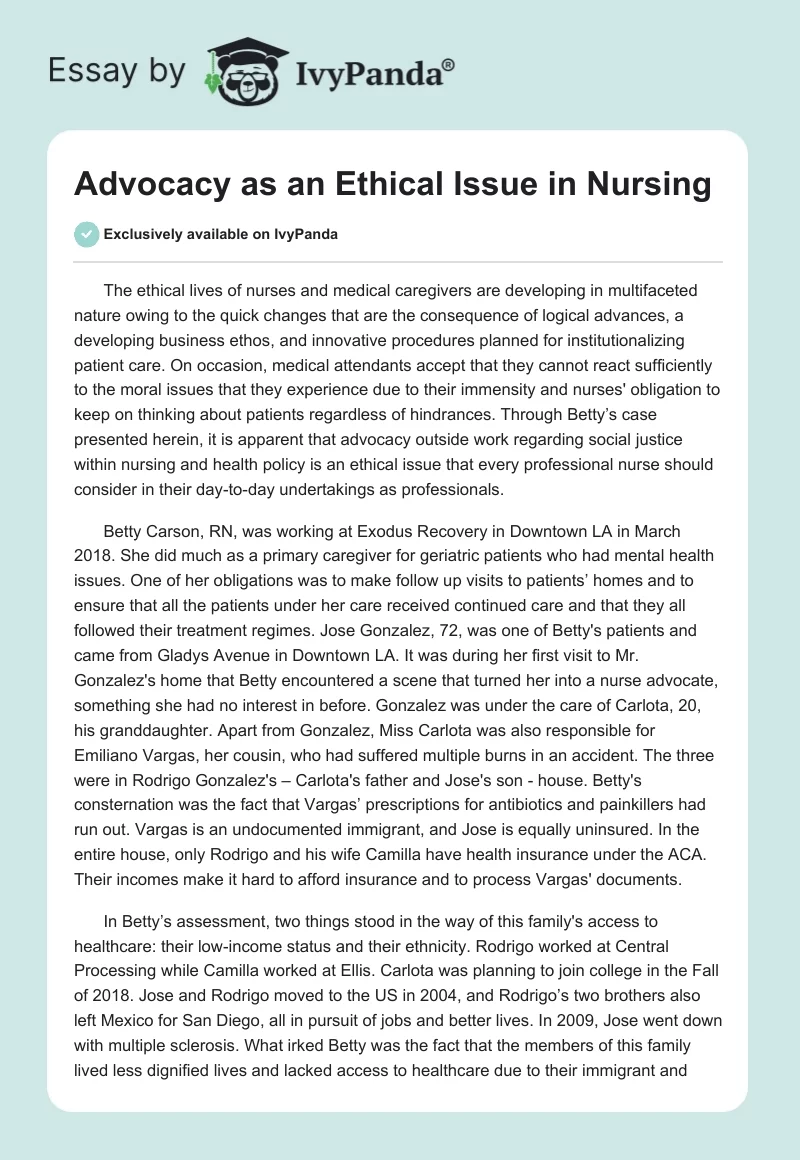 Advocacy as an Ethical Issue in Nursing. Page 1