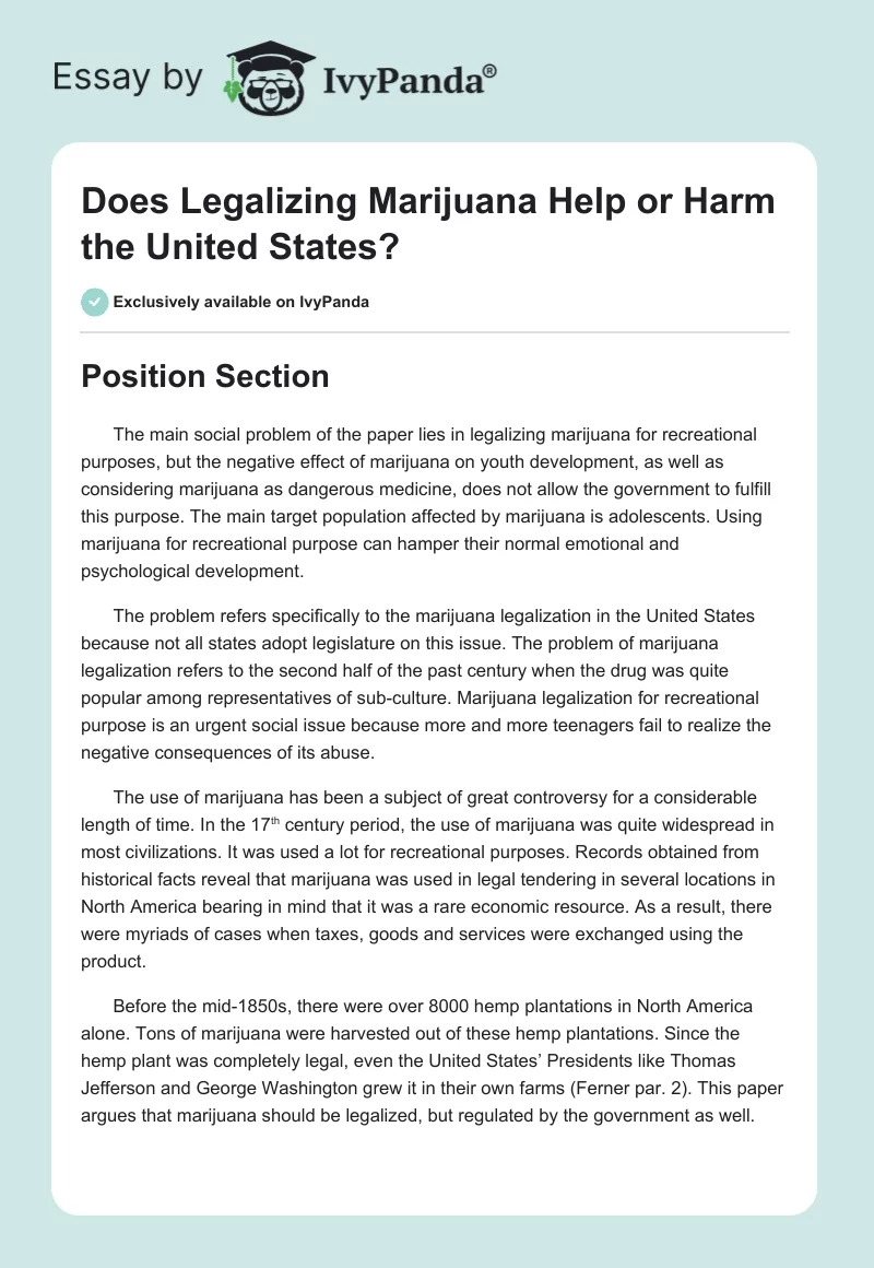 Does Legalizing Marijuana Help or Harm the United States?. Page 1