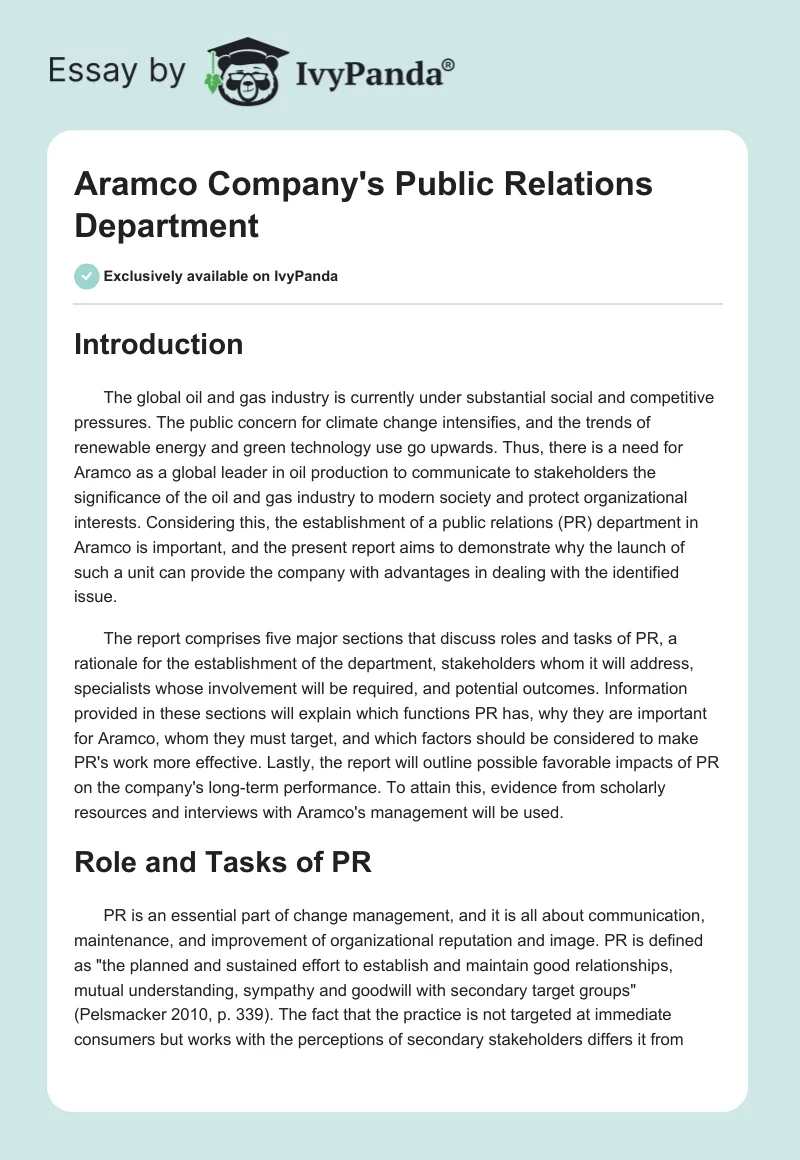 Aramco Company's Public Relations Department. Page 1