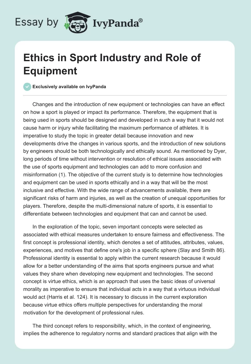 Ethics in Sport Industry and Role of Equipment. Page 1