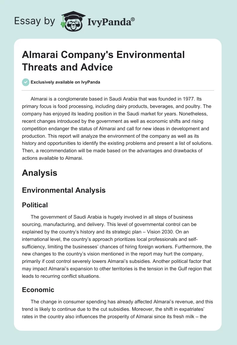 Almarai Company's Environmental Threats and Advice. Page 1