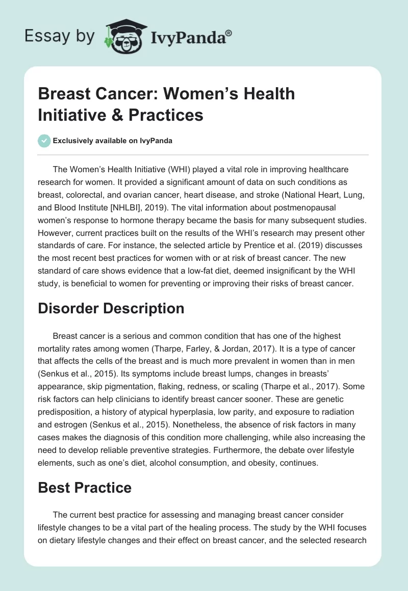 Breast Cancer: Women’s Health Initiative & Practices. Page 1